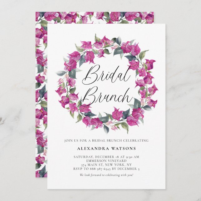 Purple Bougainvillea Wreath Bridal Brunch Invitation (Front/Back)