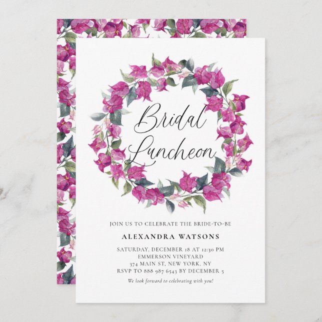 Purple Bougainvillea Wreath Bridal Luncheon Invitation (Front/Back)
