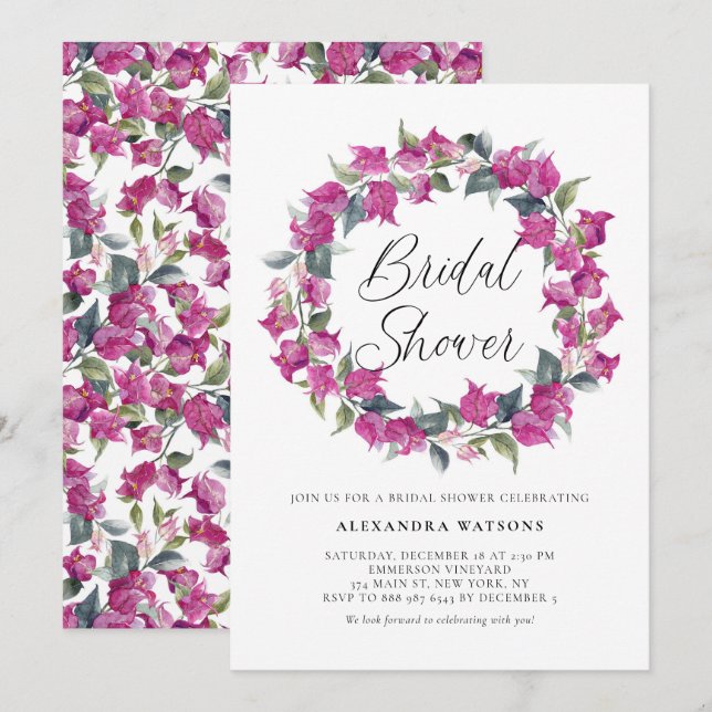 Purple Bougainvillea Wreath Bridal Shower Invitation (Front/Back)