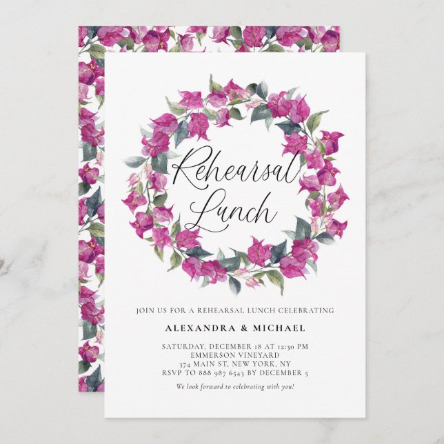 Purple Bougainvillea Wreath Rehearsal Lunch Invitation (Front/Back)