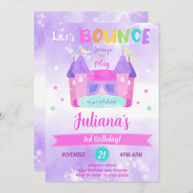 Purple Bounce House Birthday Invitation (Front/Back)