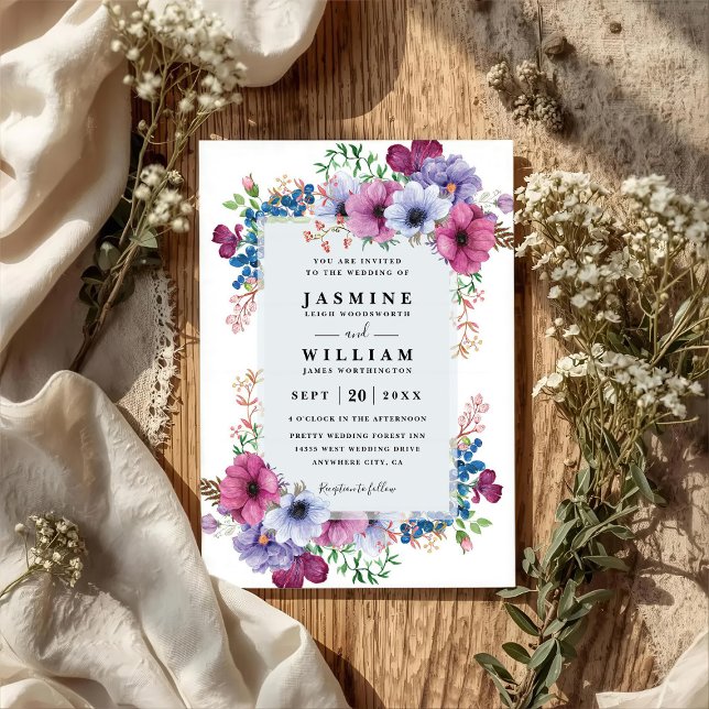 Purple Bouquet Wildflowers Elegant QR Code Wedding Invitation (Creator Uploaded)