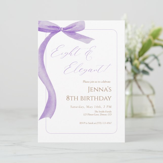 Purple Bow 8th Birthday Invitation  (Standing Front)