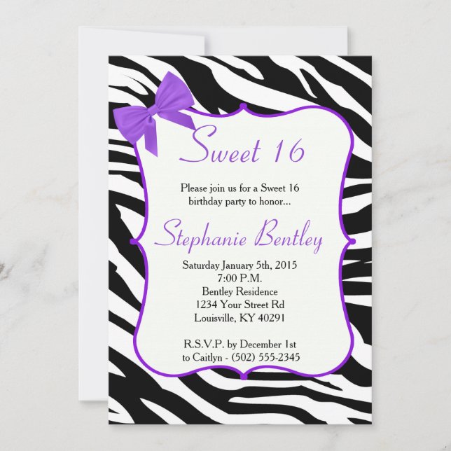 Purple Bow and Zebra Sweet 16 Birthday Invitation (Front)