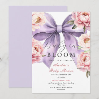 Purple Bow Baby in Bloom Baby Shower Pink Peony Invitation