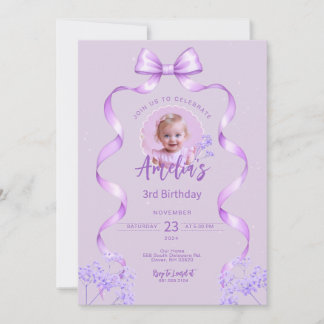 Purple Bow Birthday Any Age Invitation with Photo 