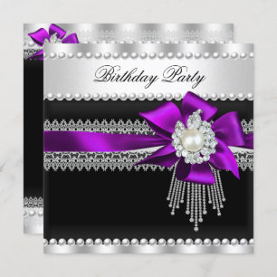 Purple Bow Black Pearl Lace Pearl Birthday Party Invitation