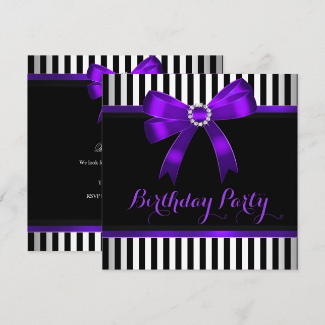 Purple Bow Black White Striped Birthday Party Invitation (Front/Back)
