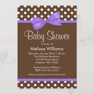 Purple Bow Brown Polka Dot Baby Shower Invitations