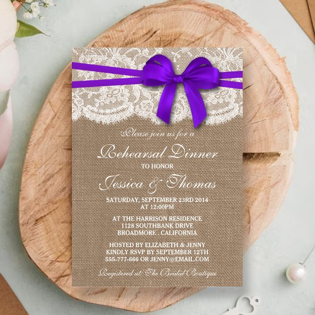 Purple Bow Burlap & Lace Wedding Rehearsal Dinner Invitation (Creator Uploaded)