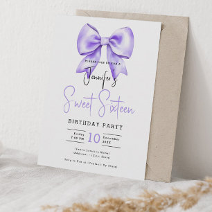 Purple Bow Coquette Cute Script Sweet 16 Invitation