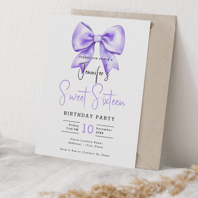 Purple Bow Coquette Cute Script Sweet 16 Invitation (Purple Bow Coquette Cute Script Sweet 16 Invitation)