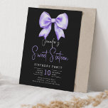 Purple Bow Coquette Script Sweet 16 Black Invitation<br><div class="desc">Elegant Sweet Sixteen Birthday Party invitation template w/ a watercolor coquette bow & modern typography script.</div>
