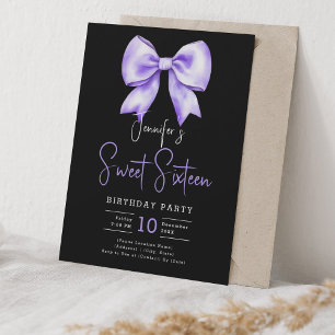 Purple Bow Coquette Script Sweet 16 Black Invitation