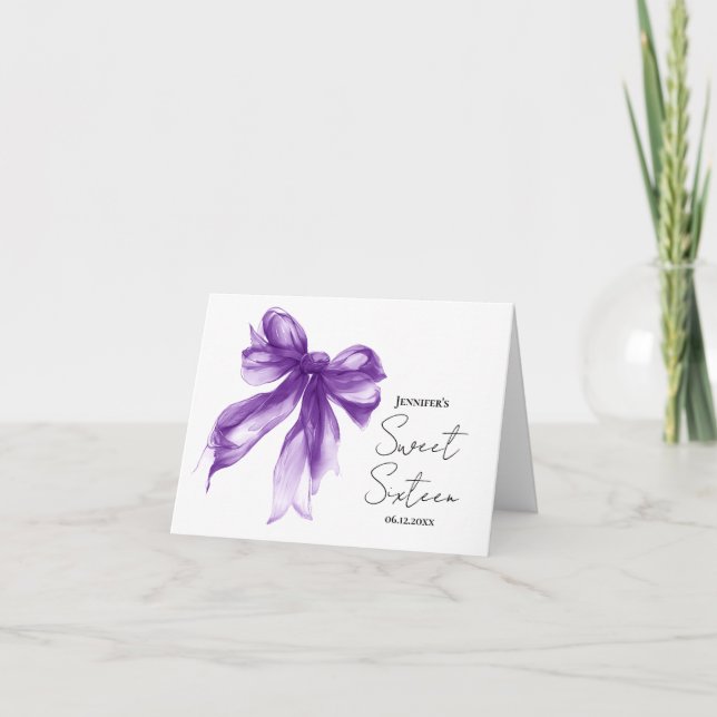 Purple Bow Coquette Script Sweet 16 Thank You  Card (Front)