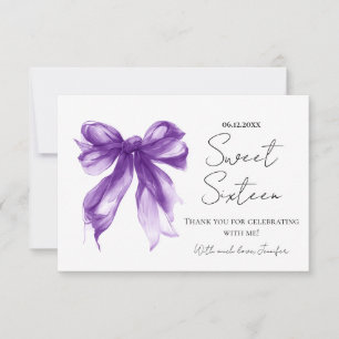 Purple Bow Coquette Script Sweet 16 Thank You Card