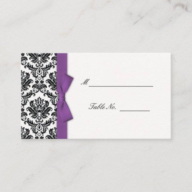 Purple Bow Damask Wedding Placecards (Front)
