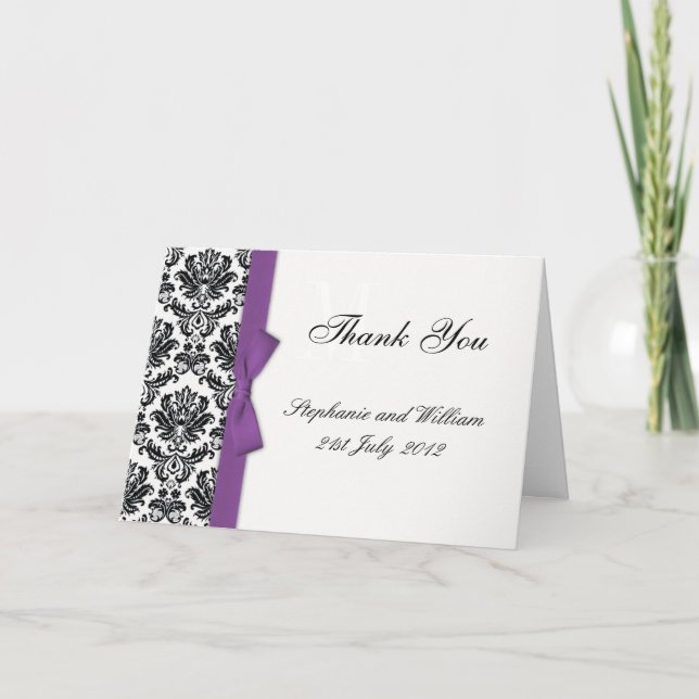 Purple Bow Damask Wedding Thank You Cards (Front)