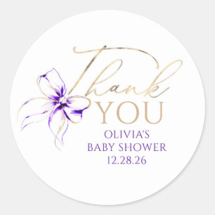 Purple Bow Elegant Script Thank You Classic Round Sticker