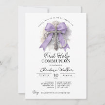 Purple Bow First Holy Communion Invitation
