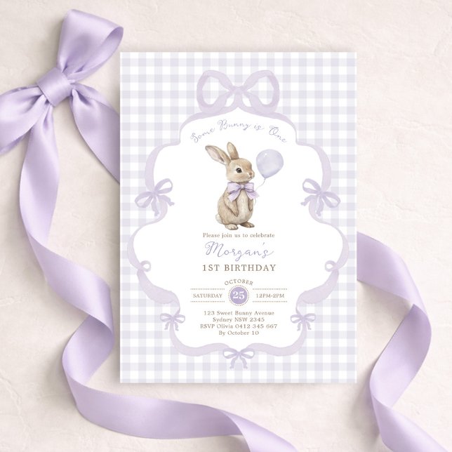 Purple Bow Gingham Bunny Rabbit 1st Birthday Invitation (Creator Uploaded)