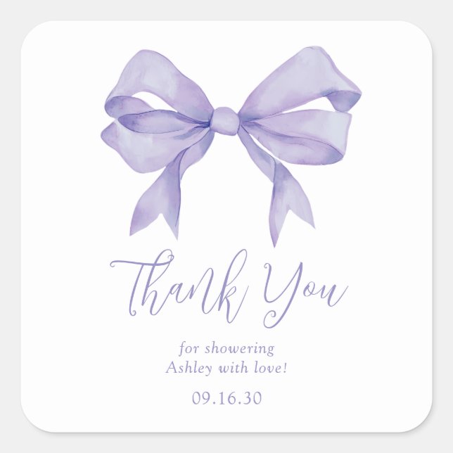 Purple Bow Girl Baby Shower Thank You Square Sticker (Front)