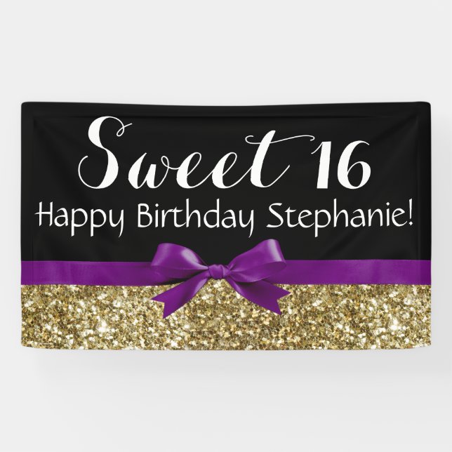 Purple Bow Gold Glitter Sweet 16 Birthday Party Banner (Horizontal)