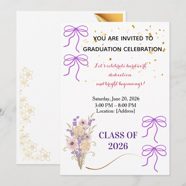 Purple Bow Graduation Party Invitation (Front/Back)