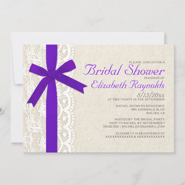 Purple Bow & Lace Bridal Shower Invitations (Front)