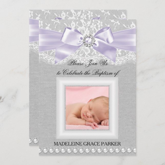 Purple Bow & Lace Photo Baptism/Christening Invite (Front/Back)