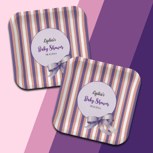 Purple Bow Lines Modern Baby Shower Paper Plate