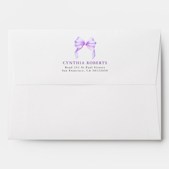 Purple Bow Modern Elegant Return Address Envelope (Back (Top Flap))