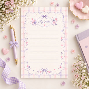Purple Bow Pink Gingham Lined Stationery Paper