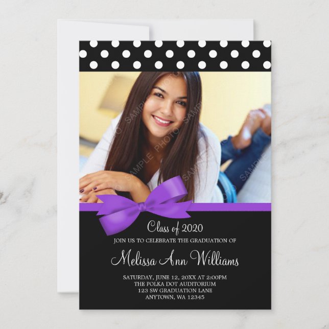 Purple Bow Polka Dot Photo Graduation Announcement (Front)