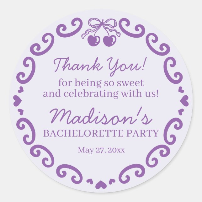Purple Bow Retro Heart Coquette Cake Bachelorette Classic Round Sticker (Front)