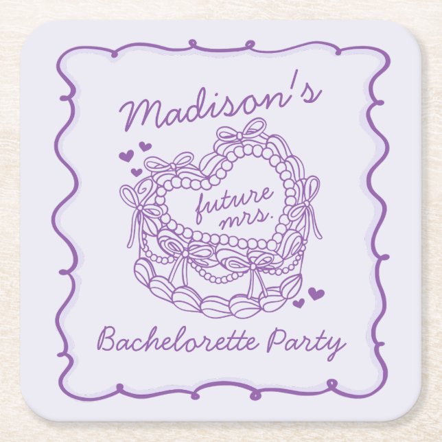 Purple Bow Retro Heart Coquette Cake Bachelorette Square Paper Coaster (Front)