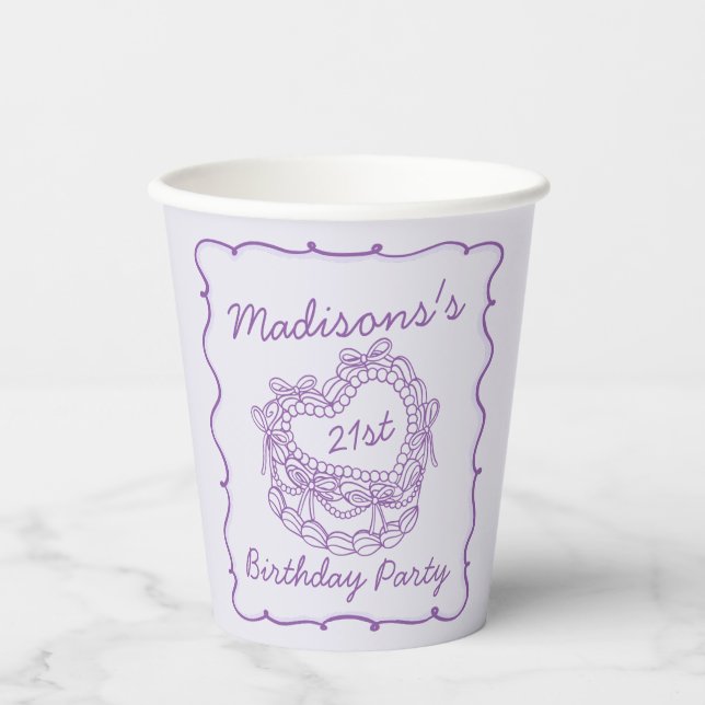 Purple Bow Retro Heart Coquette Cake Birthday Paper Cups (Front)