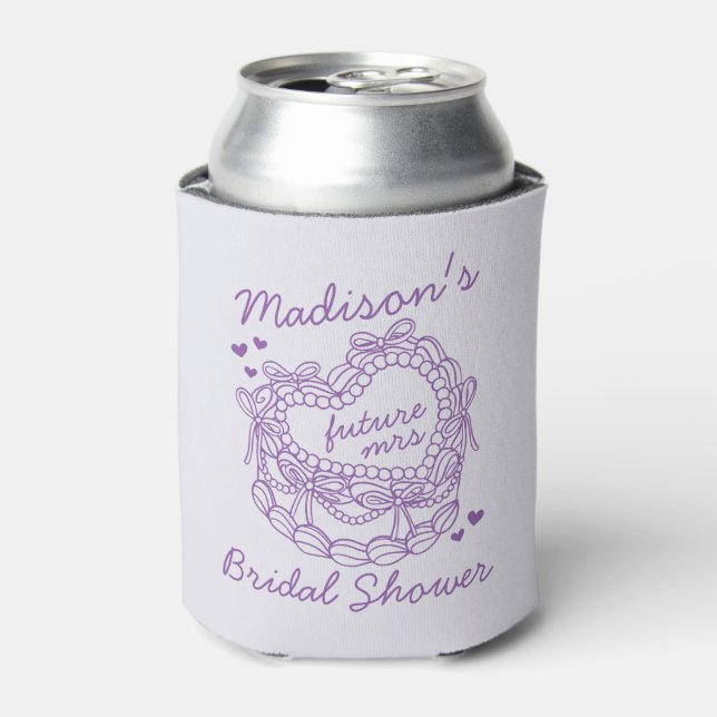 Purple Bow Retro Heart Coquette Cake Bridal Shower Can Cooler (Can Front)