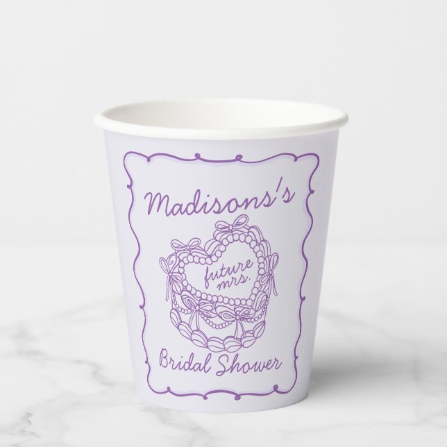 Purple Bow Retro Heart Coquette Cake Bridal Shower Paper Cups (Front)