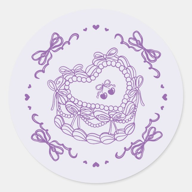 Purple Bow Retro Heart Coquette Cake Envelope Classic Round Sticker (Front)