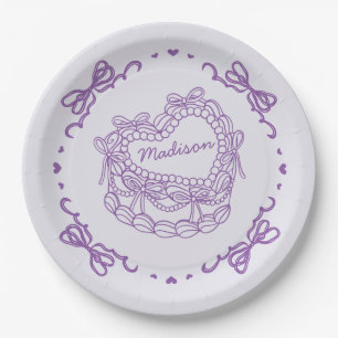 Purple Bow Retro Heart Coquette Cake Personalised Paper Plate
