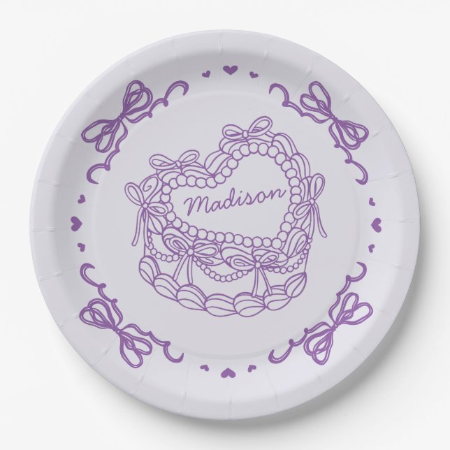 Purple Bow Retro Heart Coquette Cake Personalised Paper Plate (Front)
