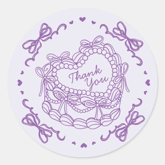 Purple Bow Retro Heart Coquette Cake Thank You Classic Round Sticker (Front)