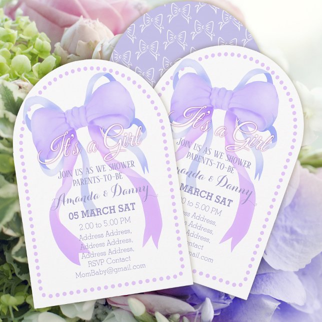 Purple Bow Ribbon Baby Shower Arch Invitation (Lovely Purple Ribbon Baby Girl Shower Arch Card Design.)
