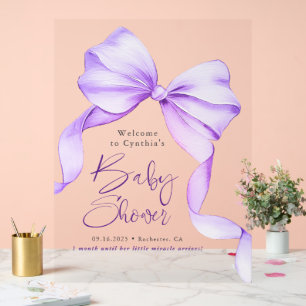 Purple Bow Ribbon Baby Shower Welcome  Acrylic Sign