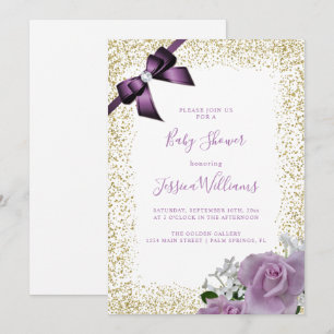 Purple Bow & Roses, Gold Glitter Baby Shower Party Invitation