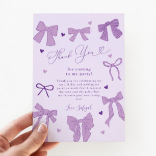 Purple Bow Shabby Chic Birthday Party Thank You Card