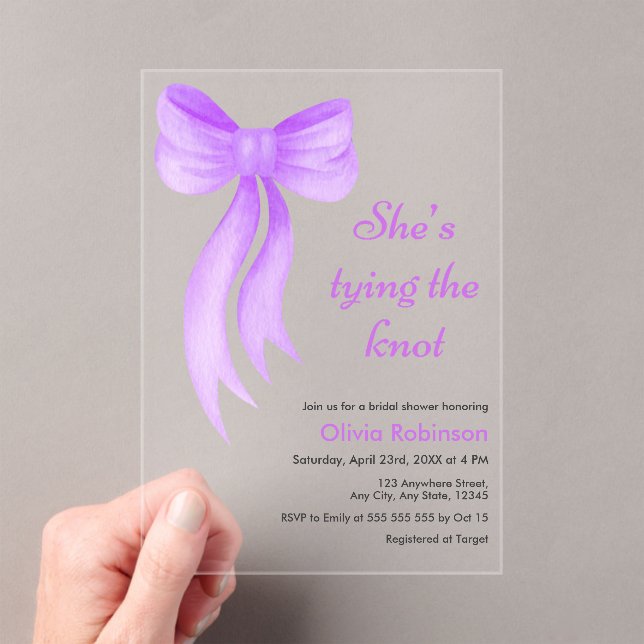 Purple Bow She's Tying the Knot Bridal Shower  Acrylic Invitations (Insitu (Handheld))