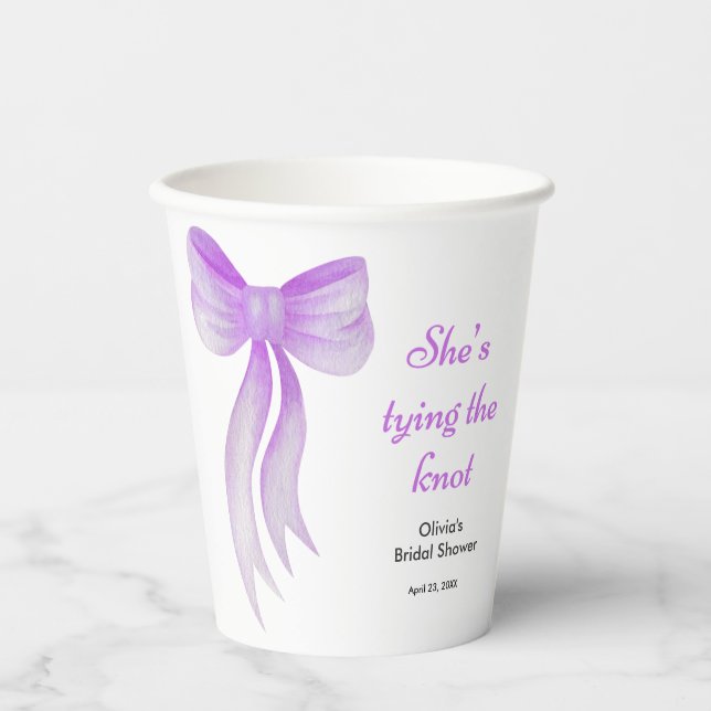 Purple Bow She's Tying the Knot Bridal Shower  Paper Cups (Front)