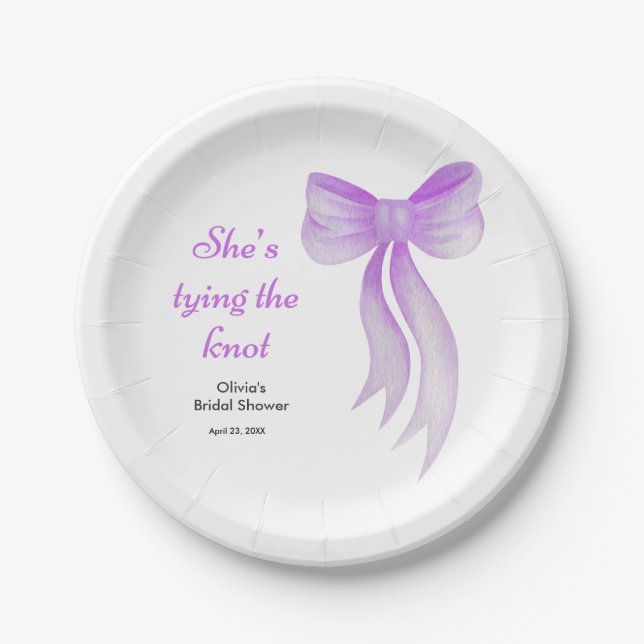 Purple Bow She's Tying the Knot Bridal Shower  Paper Plate (Front)